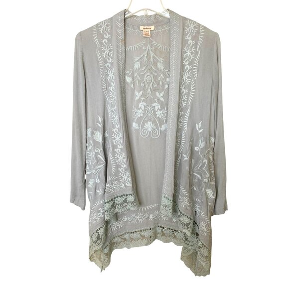 Sundance Gray Y2K Embroidered Open Front Long Line Boho Cardigan W/Lace Size M - Picture 1 of 11